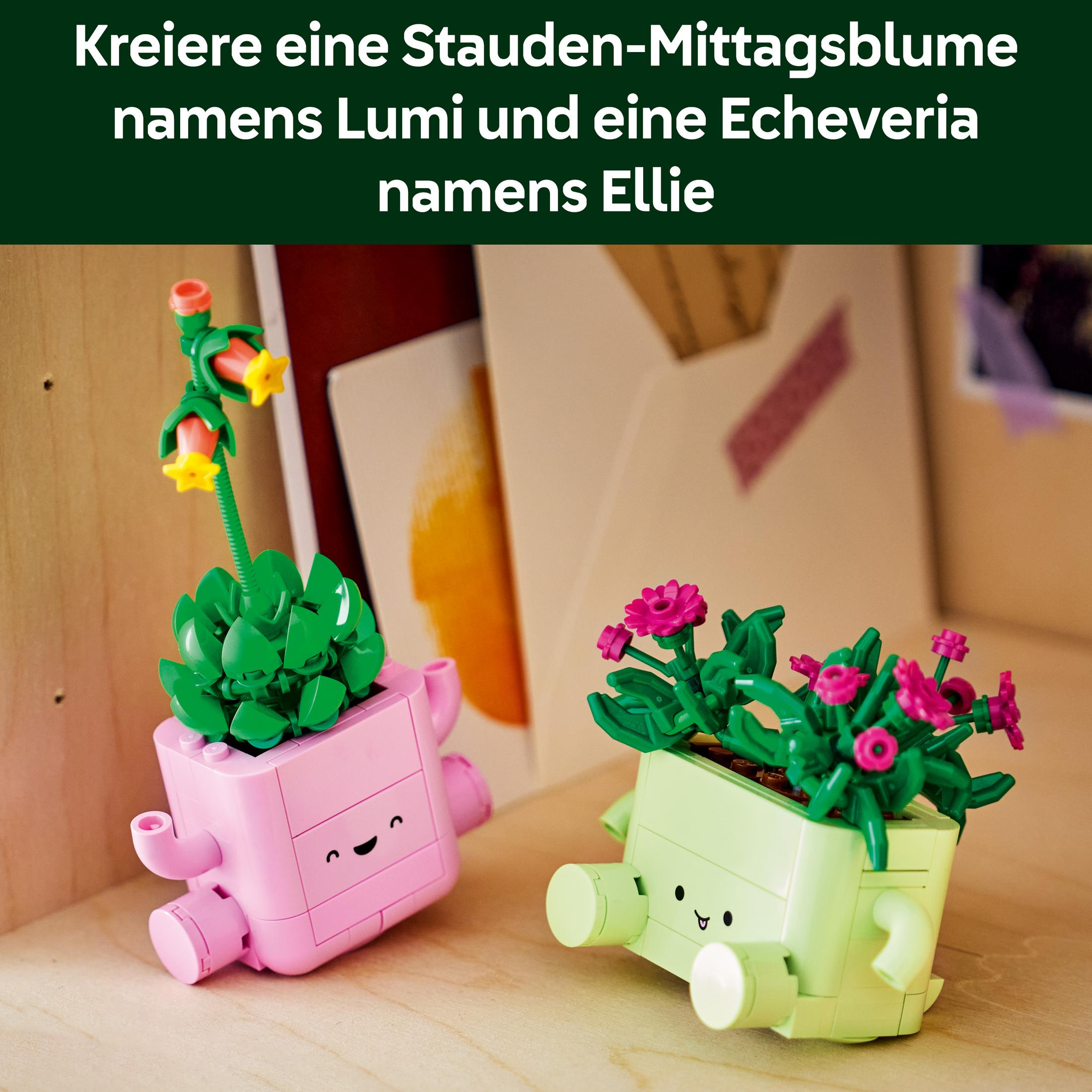 İki LEGO bitkisi: pembe saksıda yeşil Echeveria ve açık yeşil saksıda sarı çiçek.