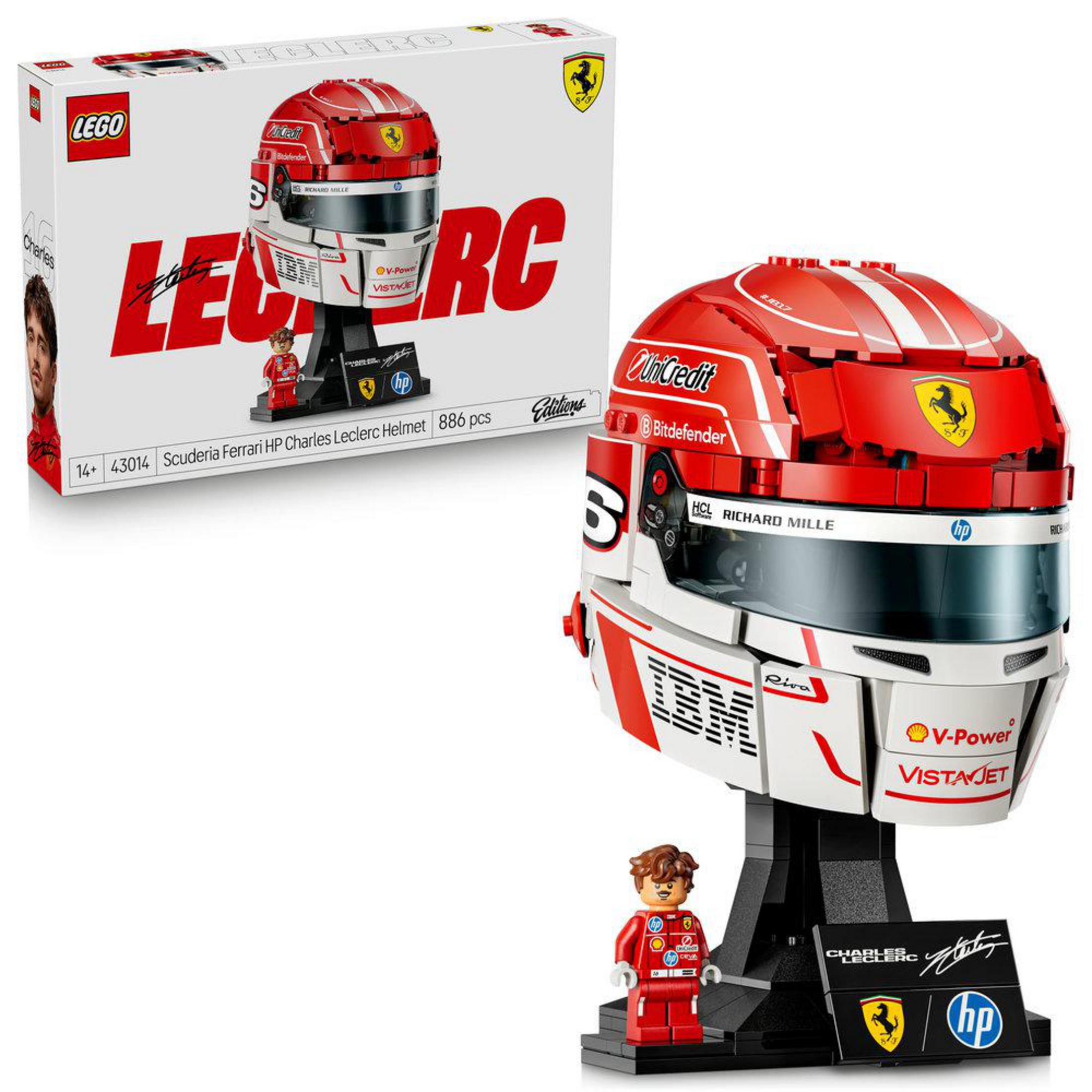 Set de construcción de casco LEGO Ferrari con minifigura y soporte, rojo, blanco, negro.