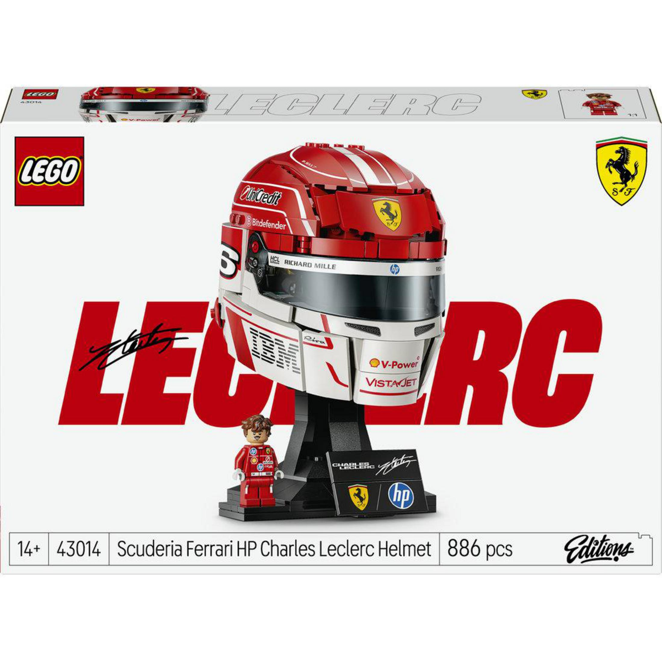 Set LEGO con casco Ferrari de Charles Leclerc, minifigura y pegatinas.