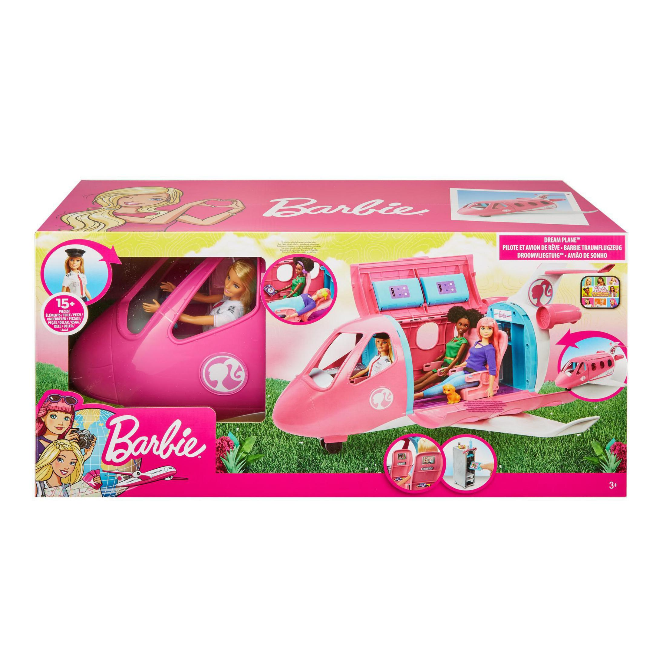 Barbie Spielzeugflugzeug mit Figuren und Zubehör vor einem Karton.