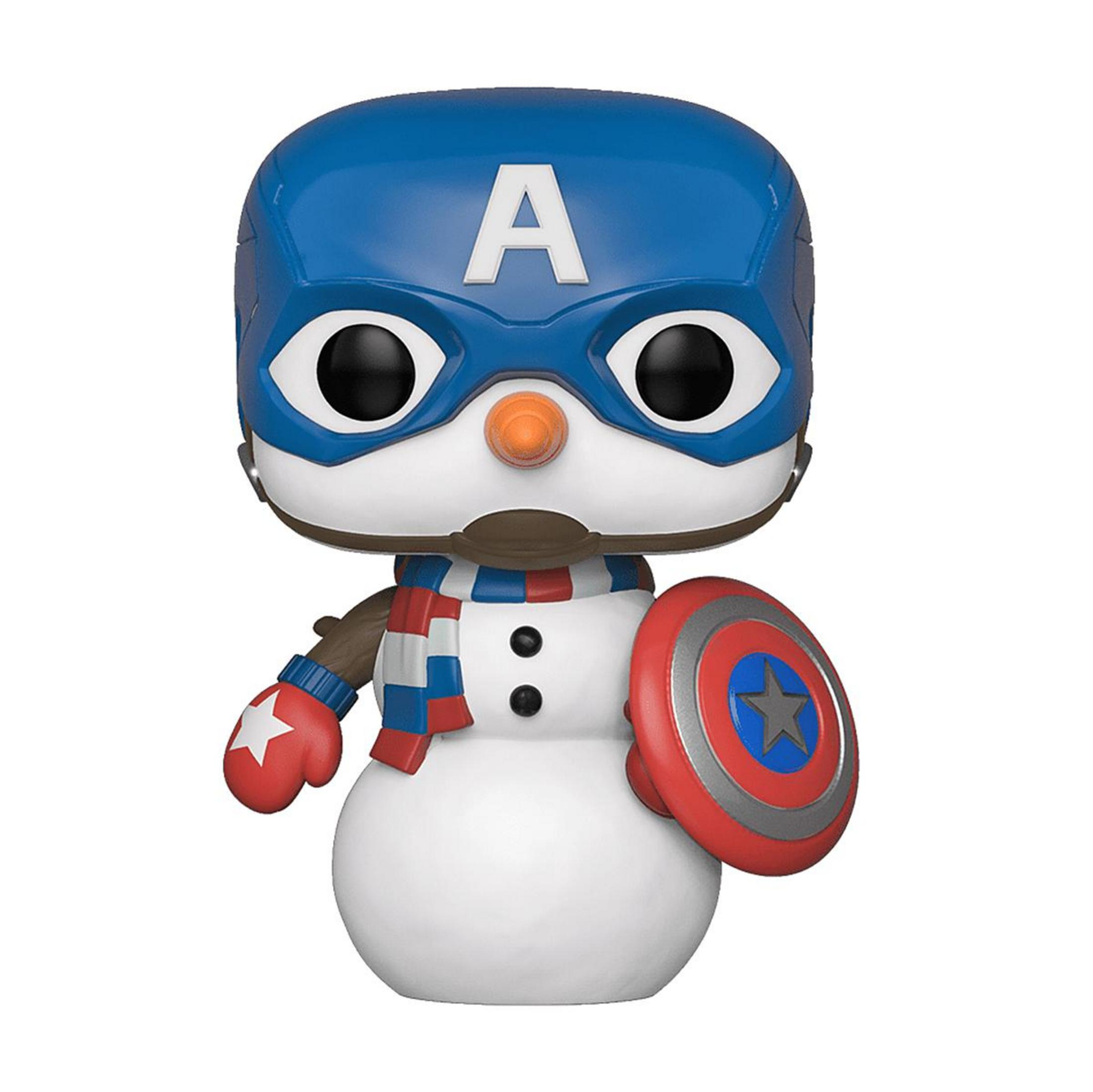 Ein Schneemann mit Captain America-Helm und Schild.