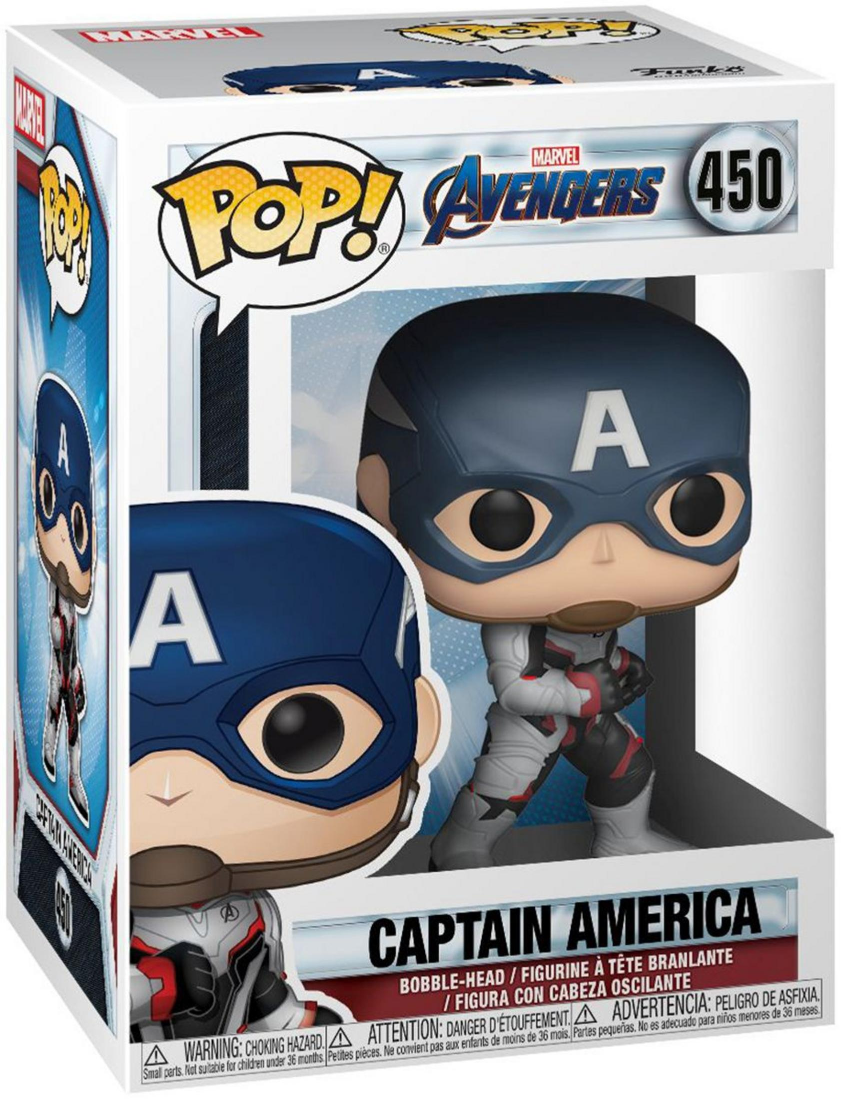 Action figure Funko Pop di Captain America in scatola. Maschera blu, outfit rosso e bianco.
