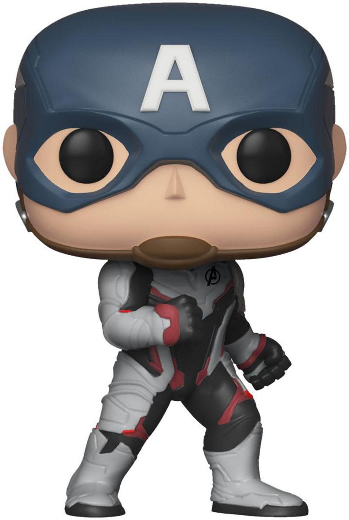 Action figure Funko Pop di Captain America in tuta bianca e nera con accenti rossi.