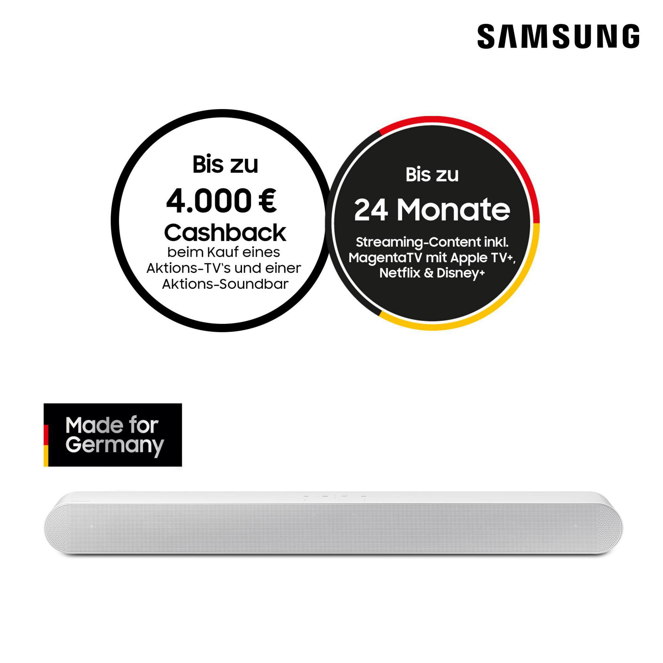 Samsung Soundbar mit Angeboten für Cashback und Streaming-Content. Made for Germany.