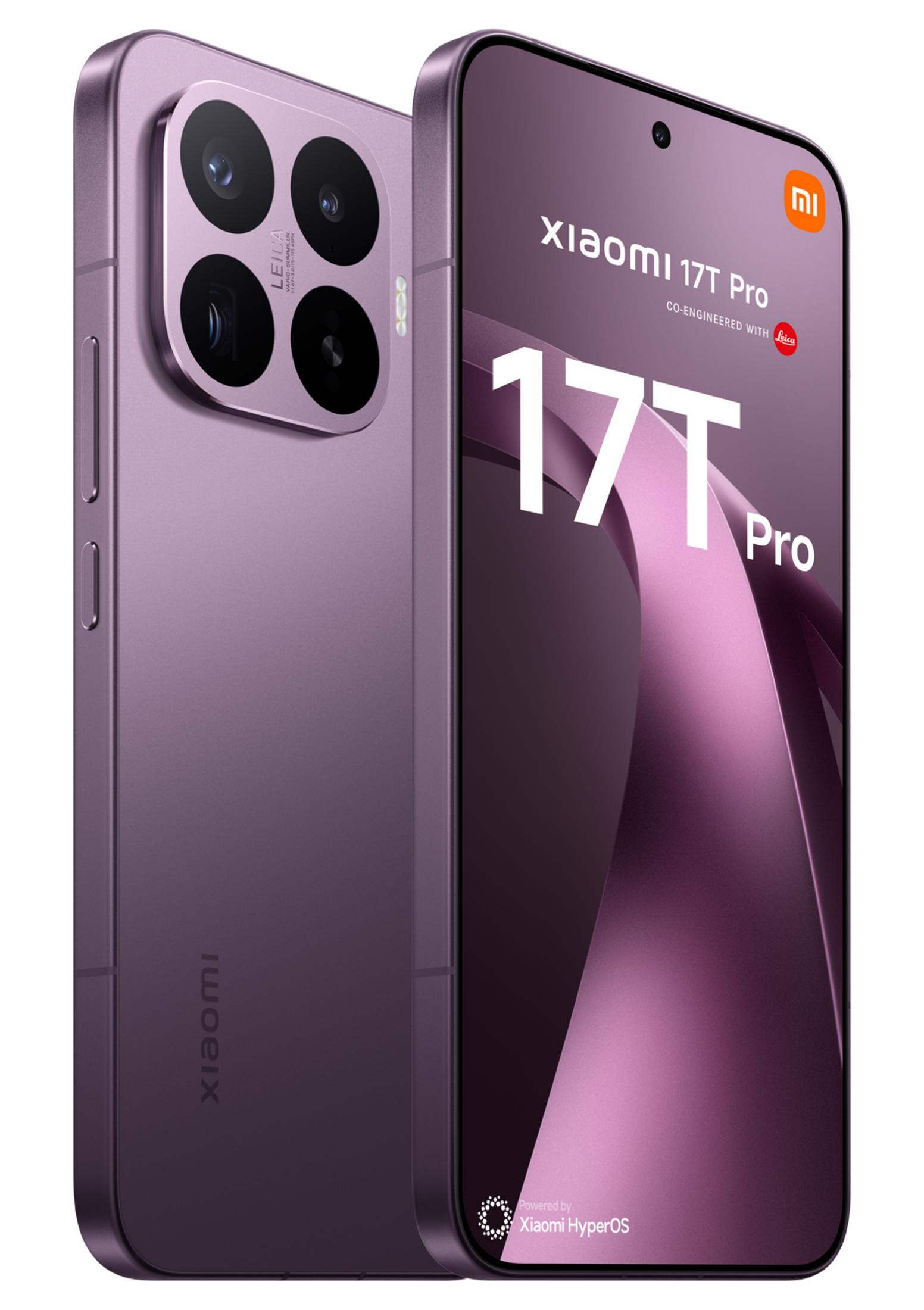 Smartphone Xiaomi 17T Pro viola con fotocamera Leica e logo Xiaomi HyperOS.