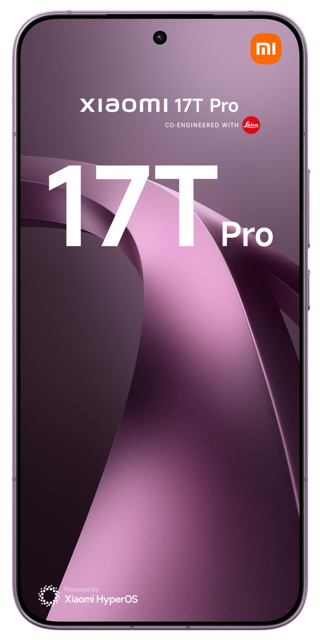 Xiaomi 17T Pro con logo Leica su sfondo viola. Grande testo bianco '17T Pro'.