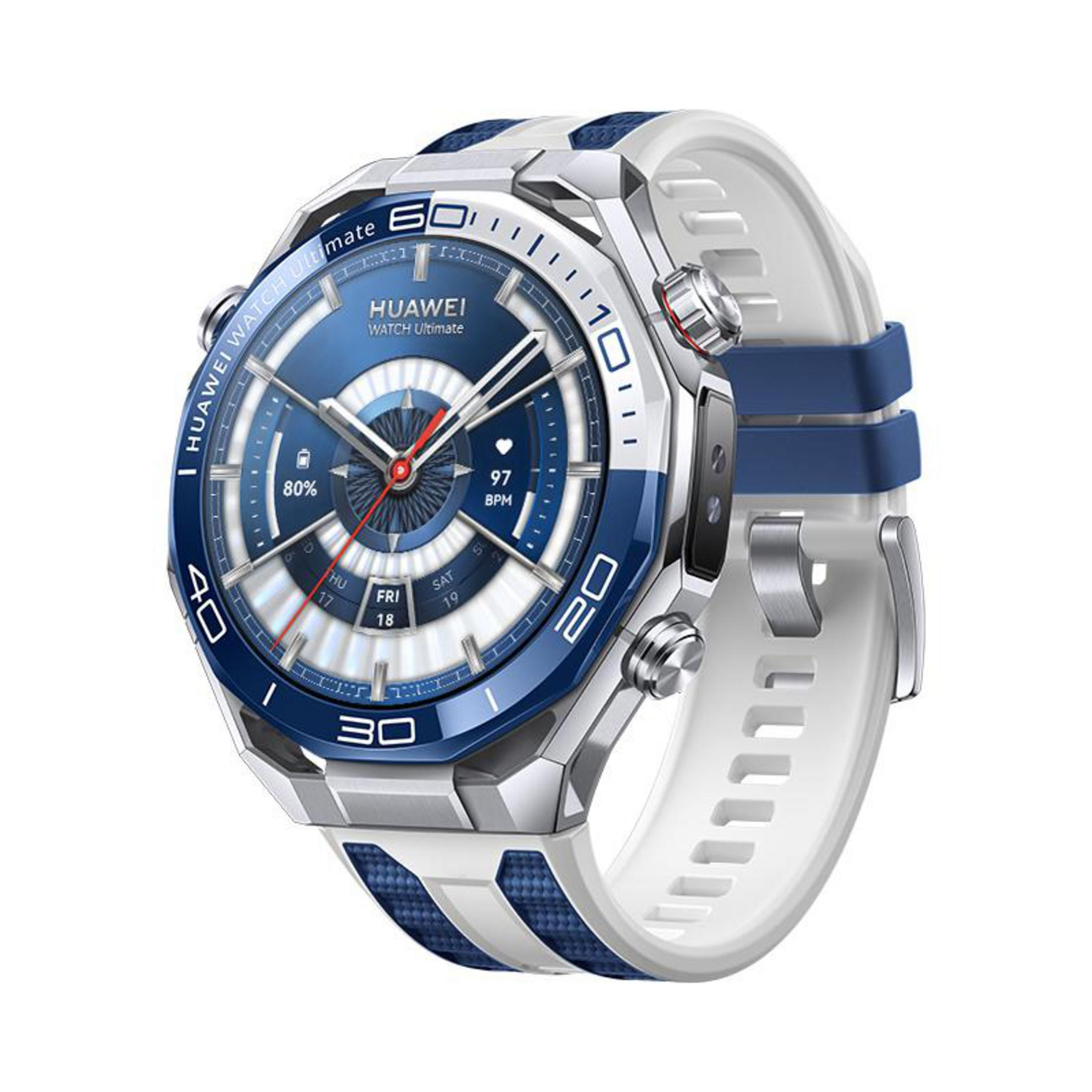 Smartwatch Huawei con quadrante blu, cinturino bianco e cassa argentata.