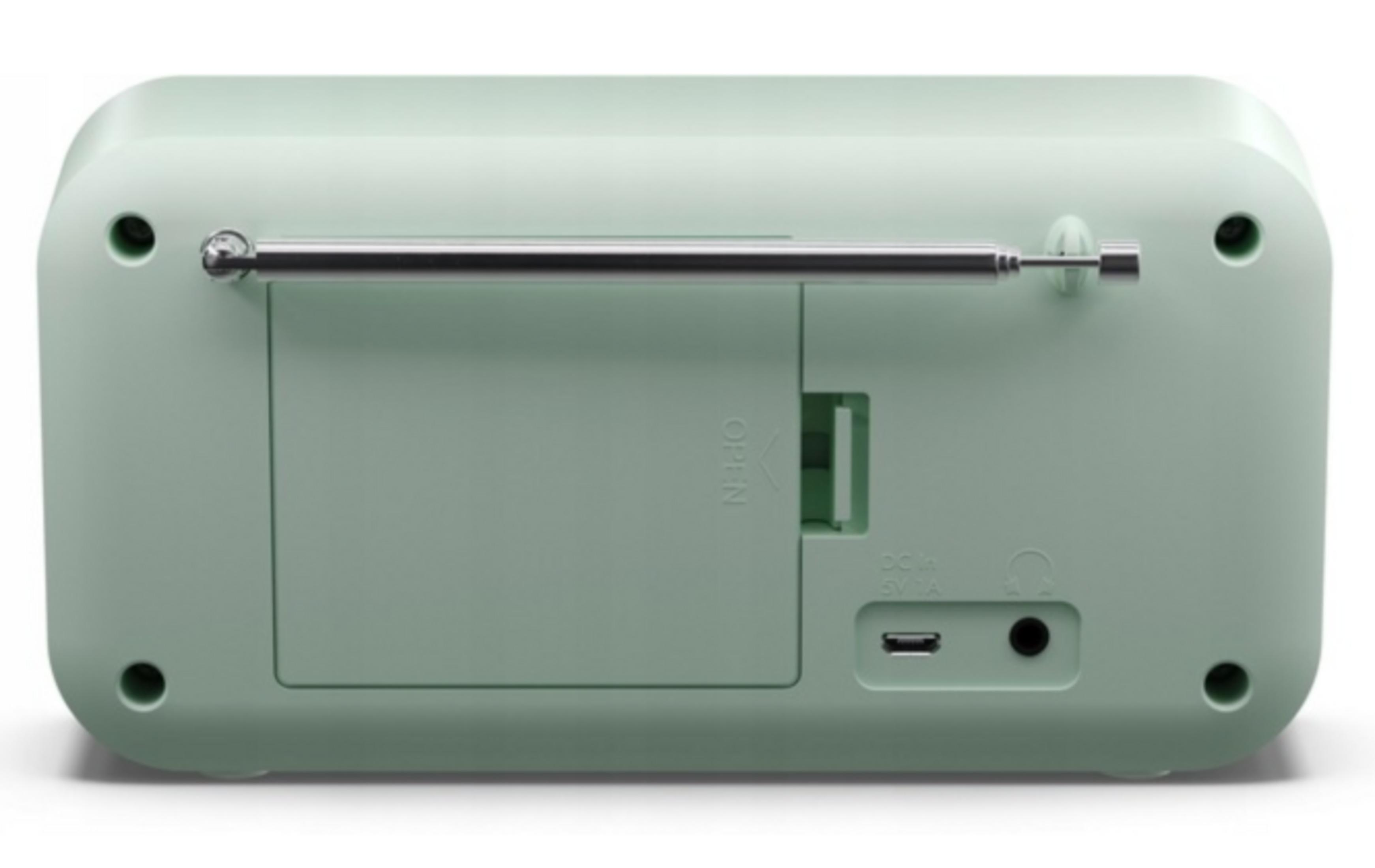 Rückseite eines mintgrünen Radios mit ausziehbarer Antenne, Batteriefach.