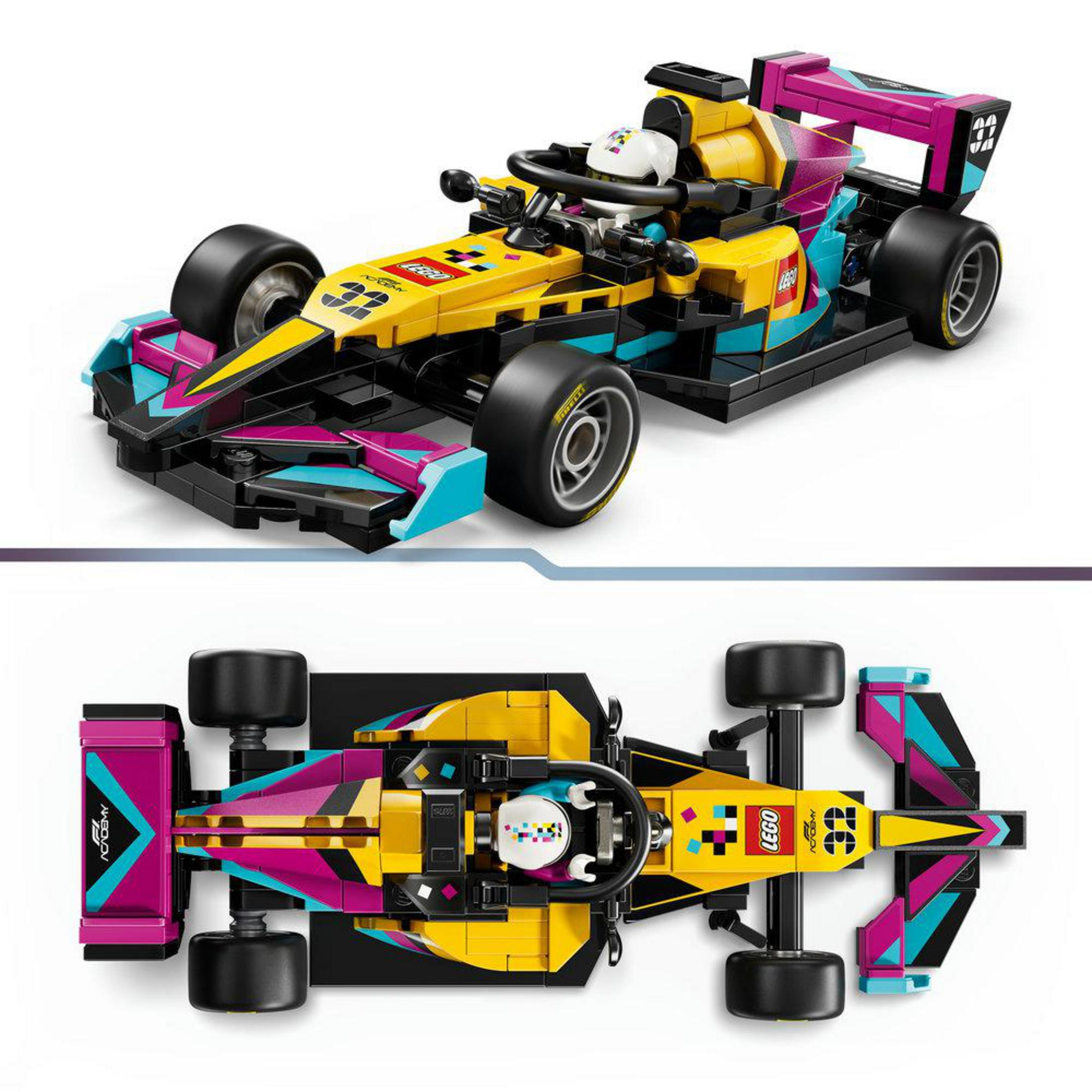 Coche Lego de Fórmula 1 amarillo con detalles rosa y turquesa, número 32.