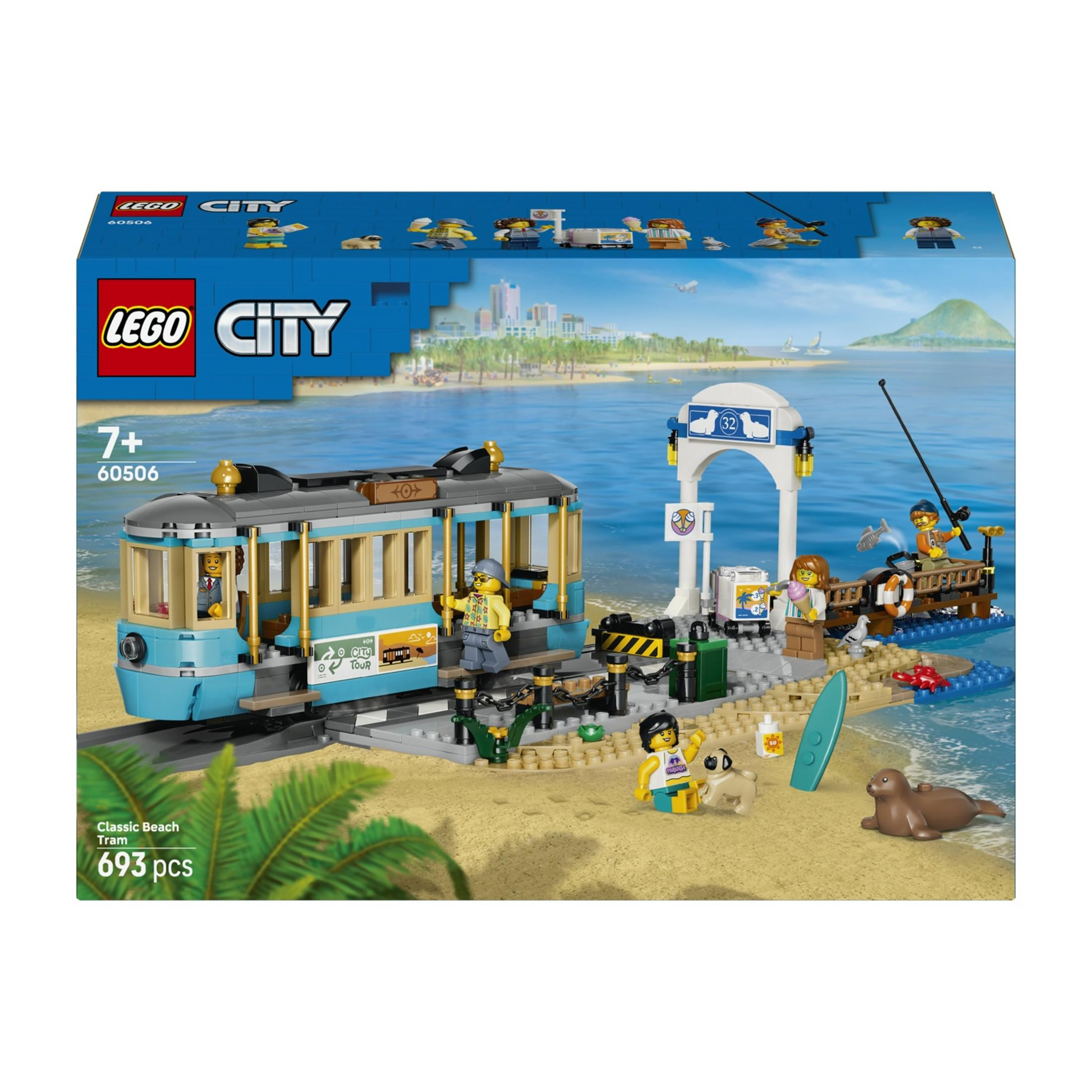 Un set de Lego que muestra un tranvía en la playa con figuras, un perro y una foca.