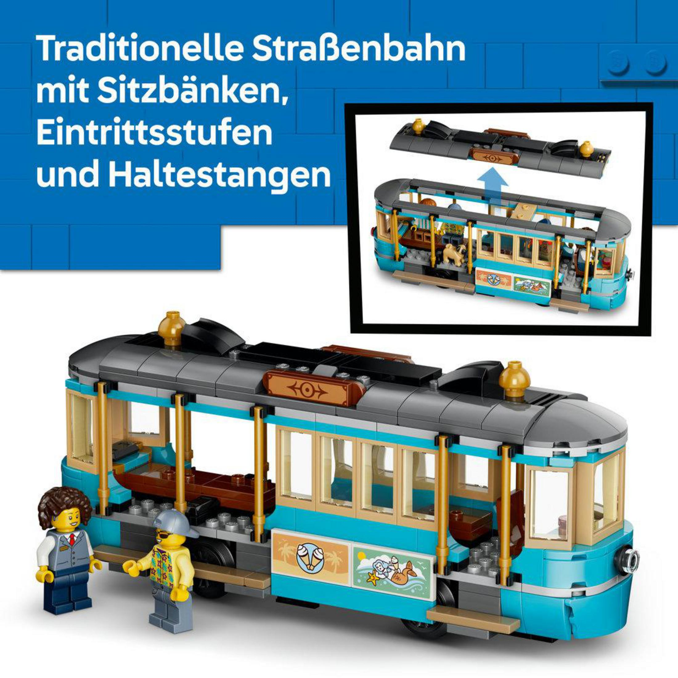 Un modelo LEGO de un tranvía azul con dos minifiguras y detalle en el techo.