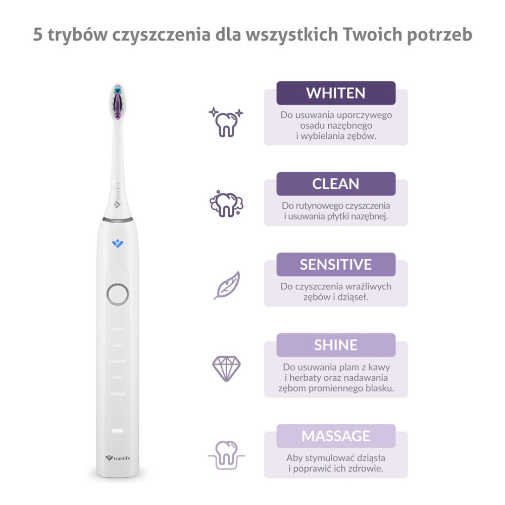 Spazzolino elettrico con 5 modalità di pulizia: Whitening, Clean, Sensitive, Shine, Massage.