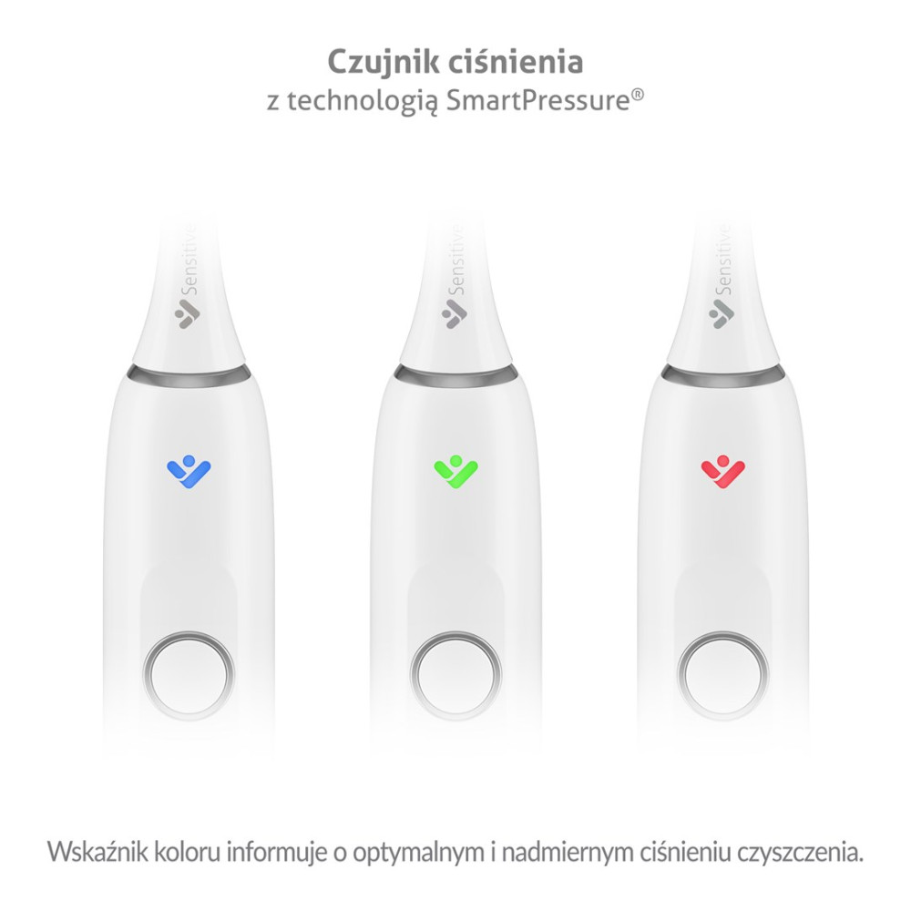 Tre testine di spazzolino bianche con luci blu, verdi e rosse.