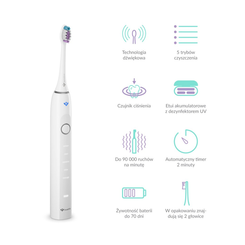 Spazzolino elettrico bianco con accessori e icone che evidenziano le caratteristiche.