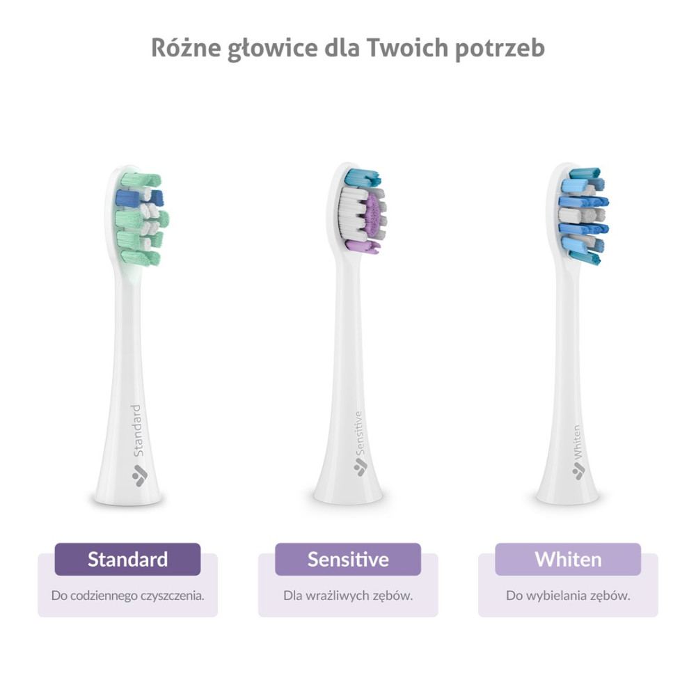 Tre testine dello spazzolino: Standard, Sensitive e Whitening.
