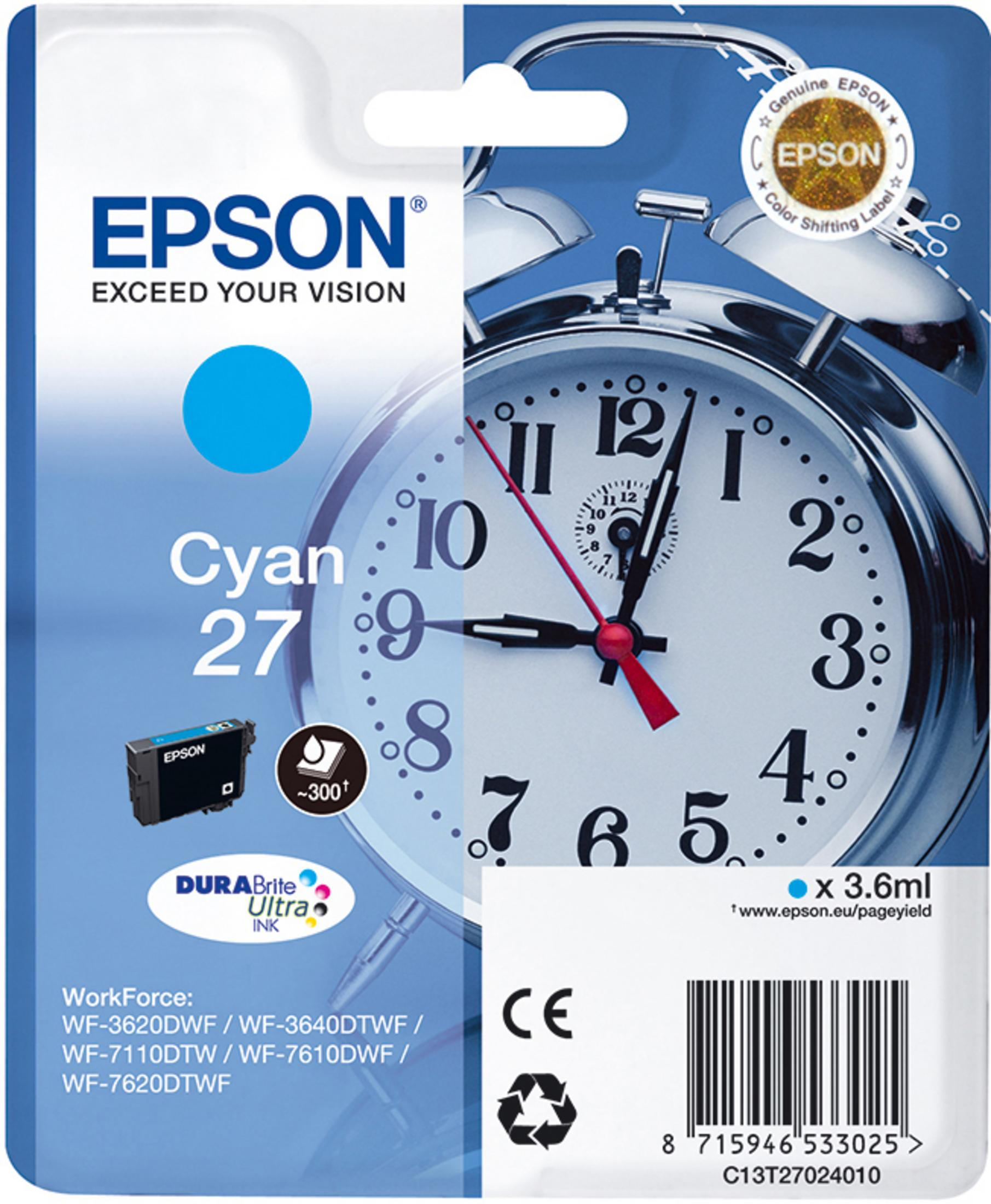 Confezione di inchiostro Epson Cyan 27 con quadrante di orologio e campane.
