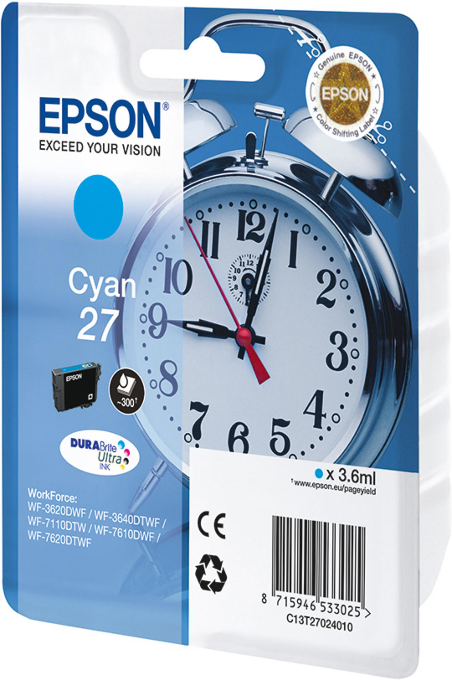 Cartuccia d'inchiostro Epson Cyan con design sveglia e dettagli.