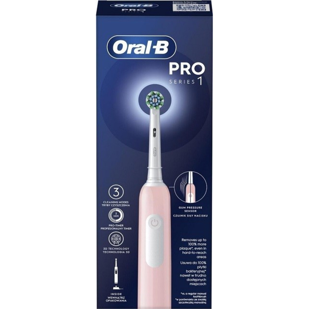 Różowe opakowanie szczoteczki elektrycznej Oral-B Pro Series 1 z główką.
