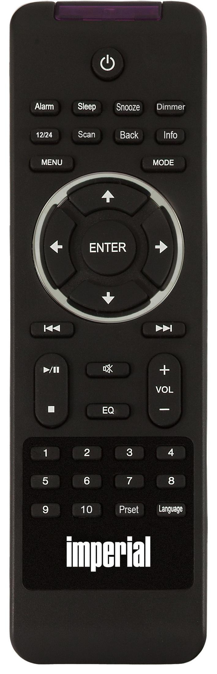 Telecomando nero con pulsanti per Sveglia, Sonno, Snooze, Dimmer, Menu, Invio, Modalità, Volume e numeri.