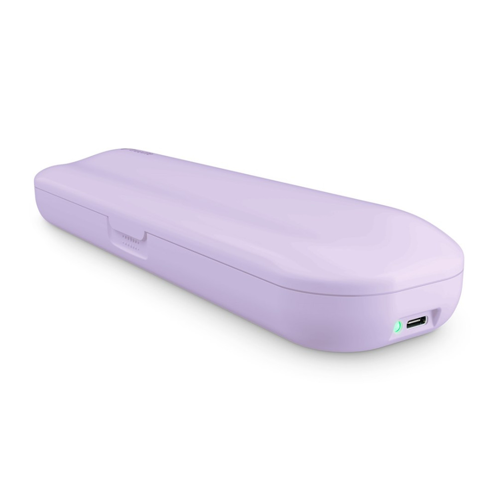 Zamknięte, jasnofioletowe etui z portem USB-C i zielonym wskaźnikiem.