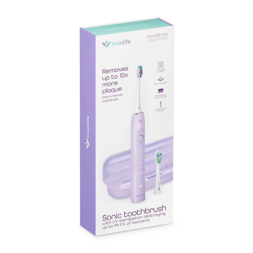 Fioletowa szczoteczka Sonicare na opakowaniu, z etui podróżnym UV i zapasowymi główkami.