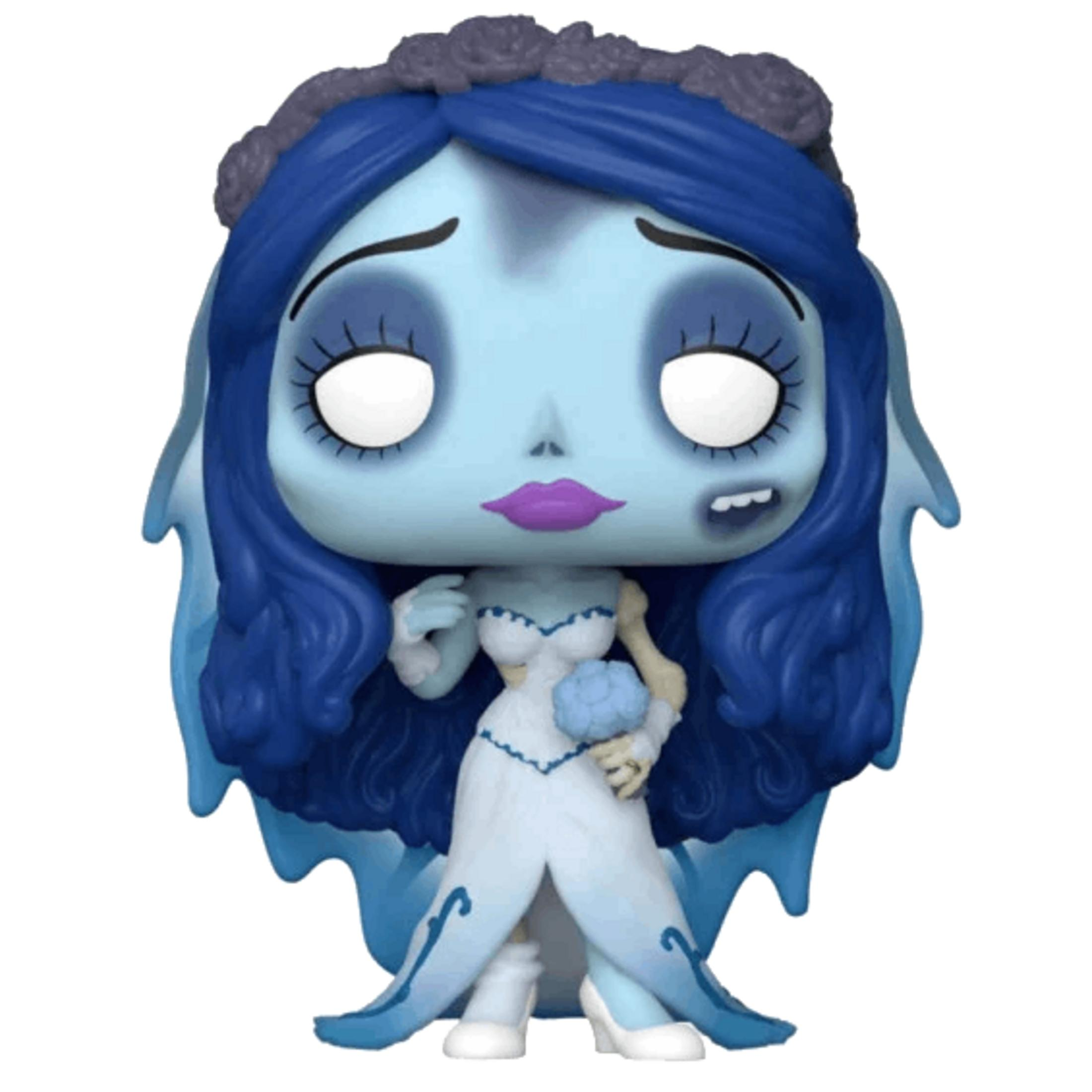 Una figura di sposa blu con abito bianco e capelli blu.