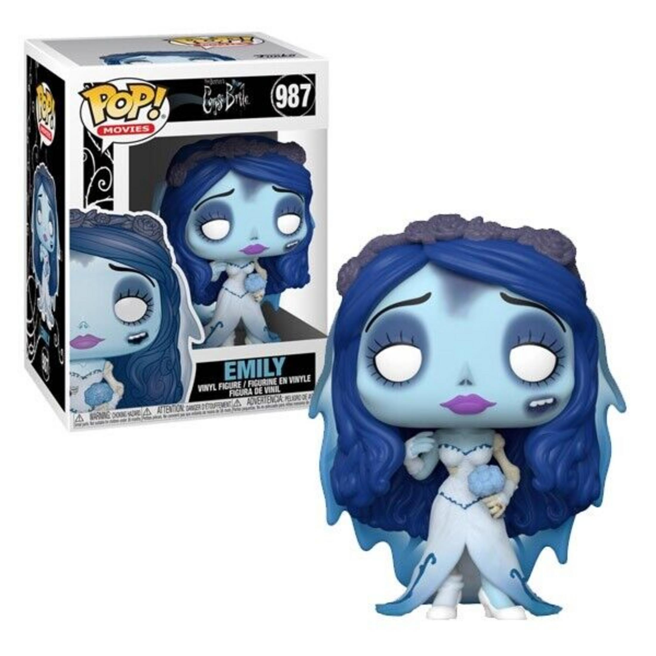 Una figura azzurra di Emily con capelli blu indossa un abito bianco.