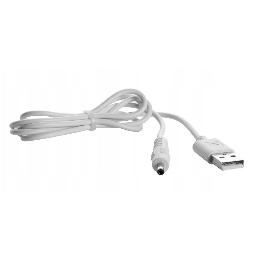Biały kabel zasilający USB do DC, zwinięty z dwoma złączami.
