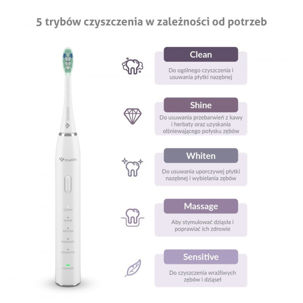Biała szczoteczka elektryczna z 5 trybami czyszczenia: Clean, Shine, Whiten, Massage, Sensitive.