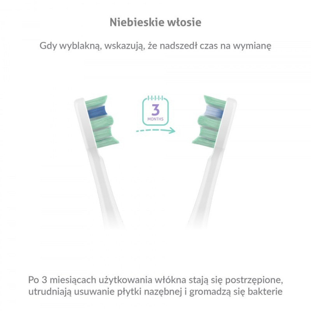 Dwie główki szczoteczki do zębów; wskaźnik pokazuje 3 miesiące.