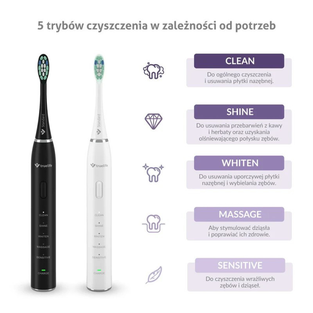 Dwie szczoteczki elektryczne, czarna i biała, z trybami czyszczenia.
