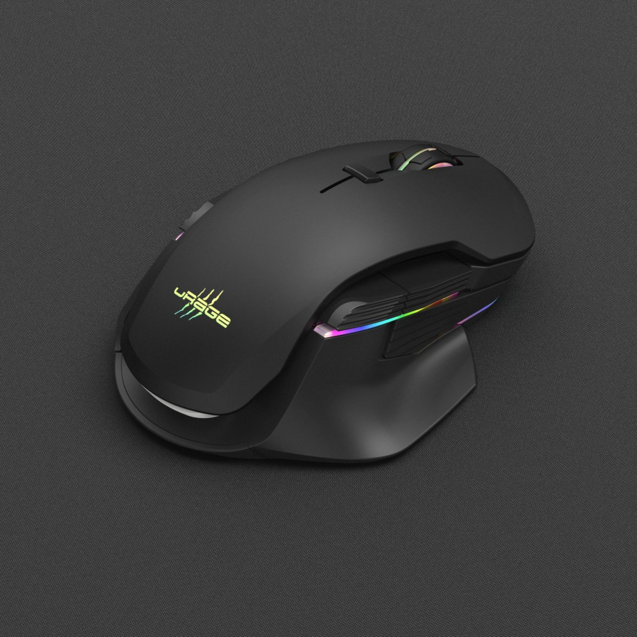 Schwarze Gaming-Maus mit RGB-Beleuchtung auf dunklem Hintergrund.
