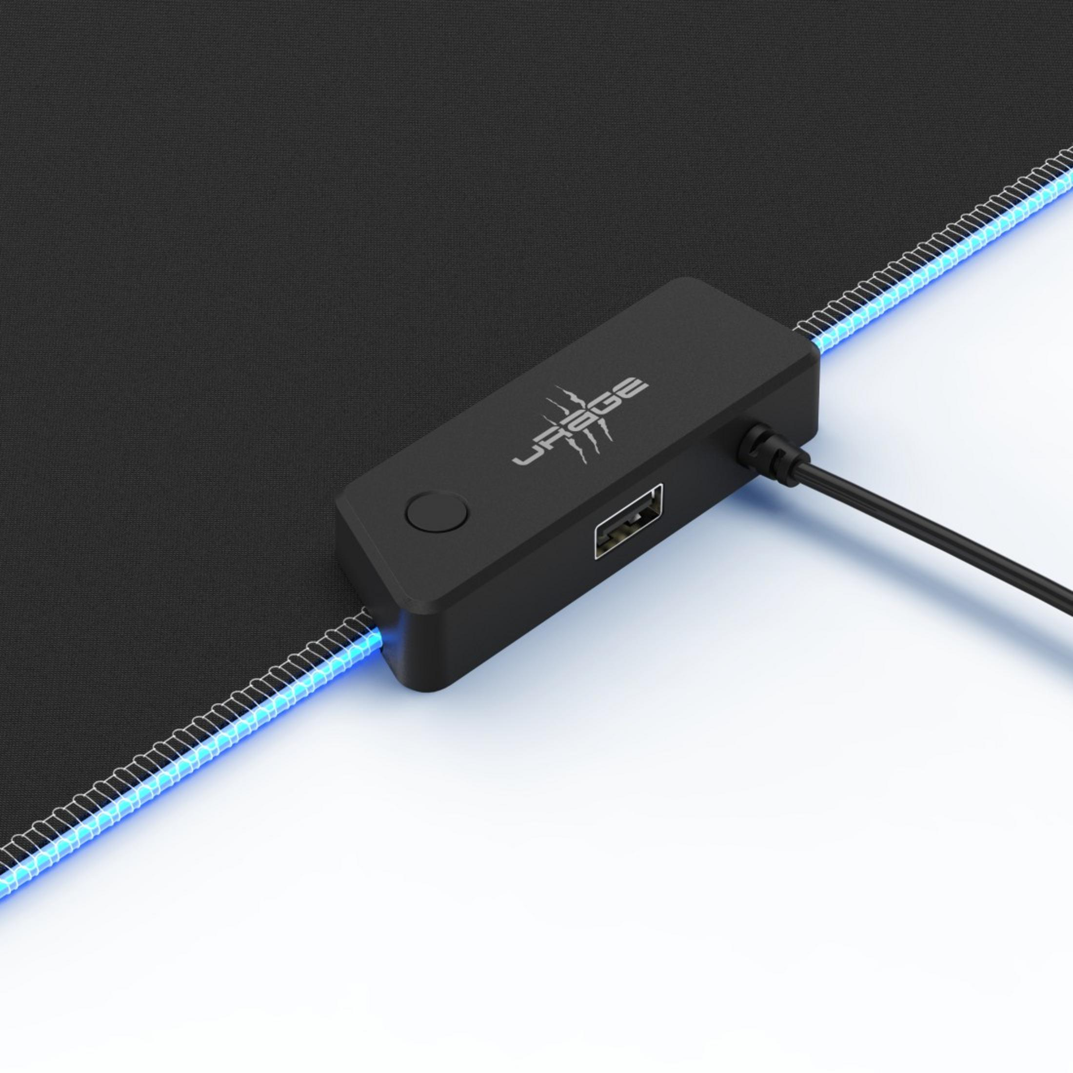 Schwarzes Mauspad mit blauer LED-Beleuchtung und USB-Anschluss.