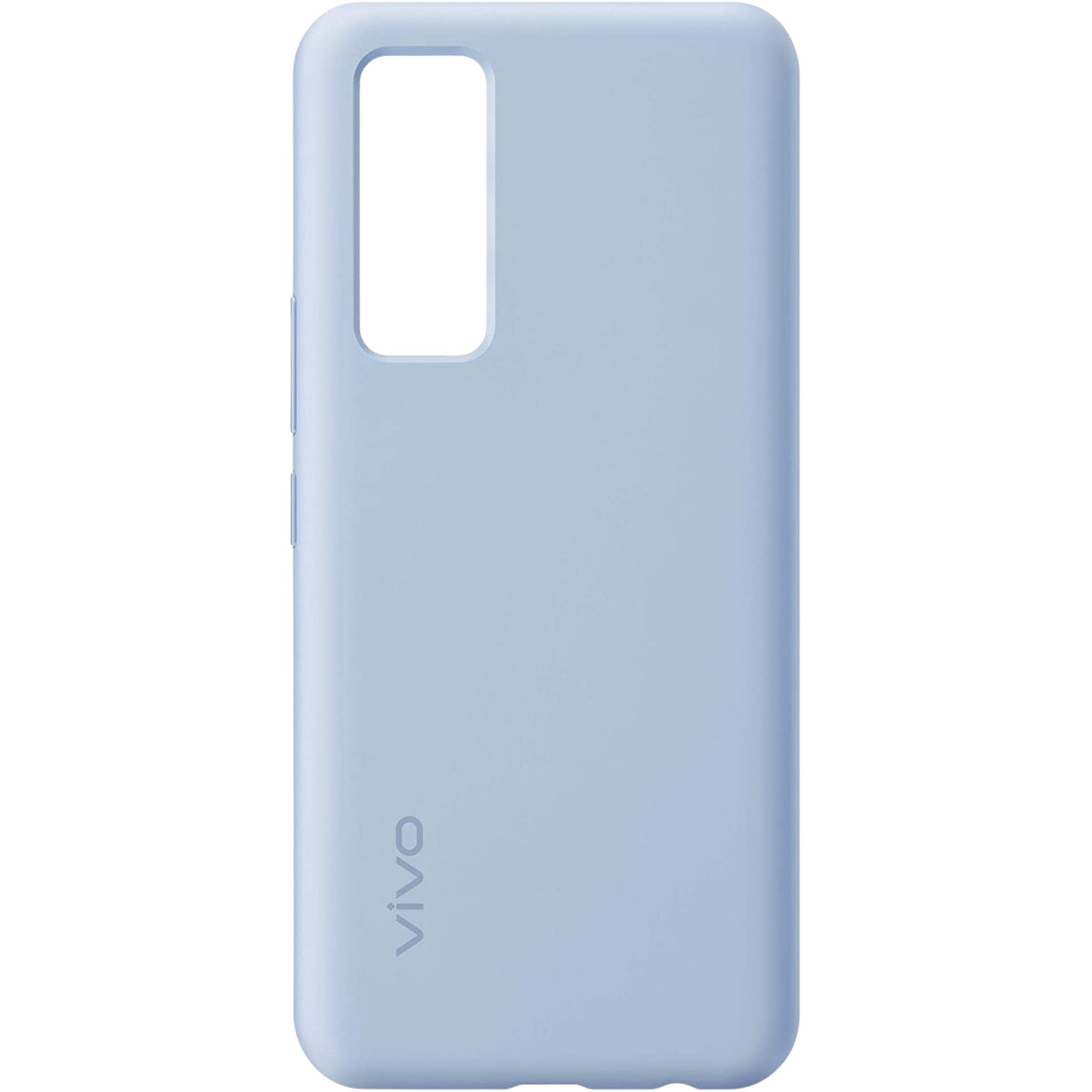 Custodia per telefono azzurra con ritaglio rettangolare per fotocamera in alto a sinistra.