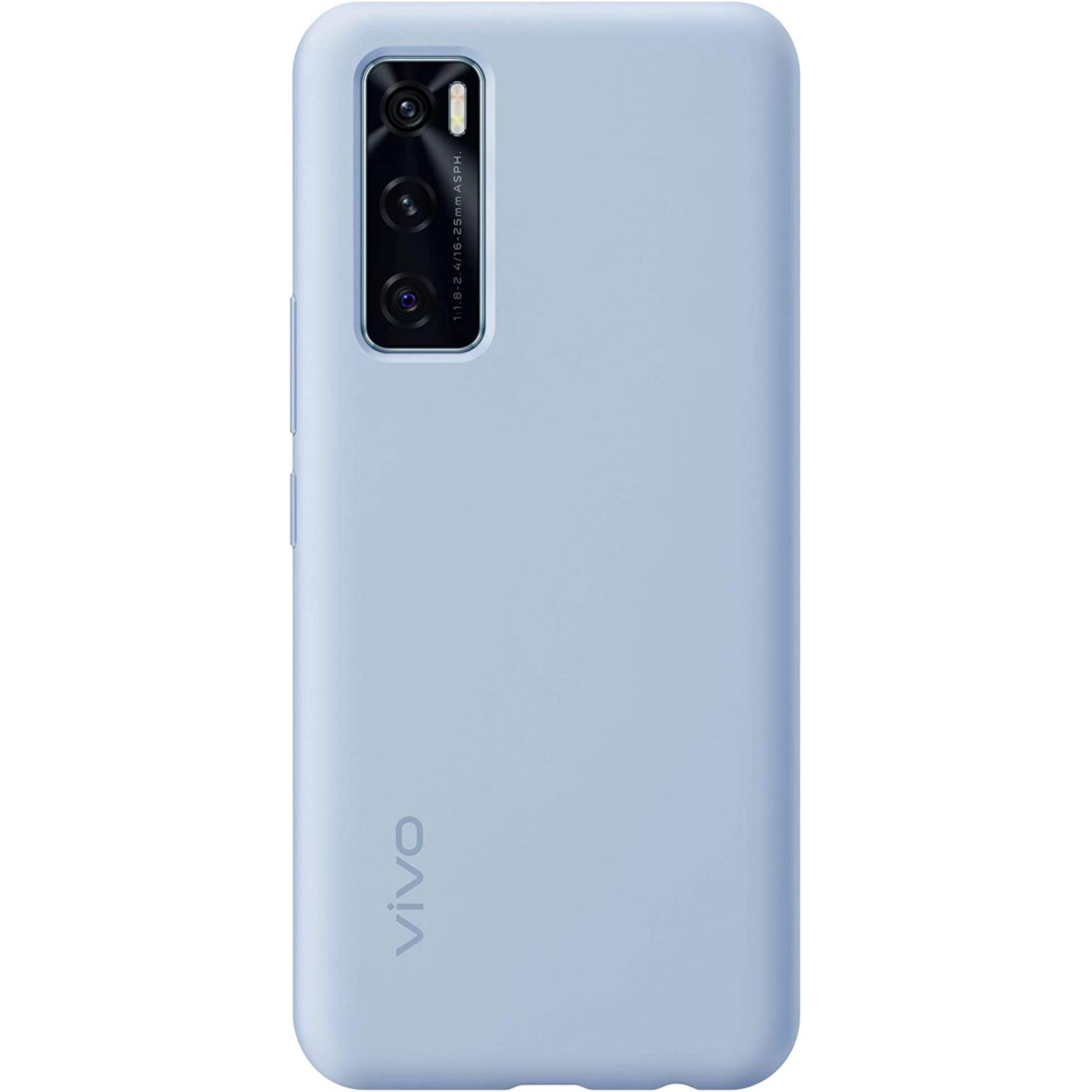 Un telefono azzurro con tripla fotocamera e logo Vivo.