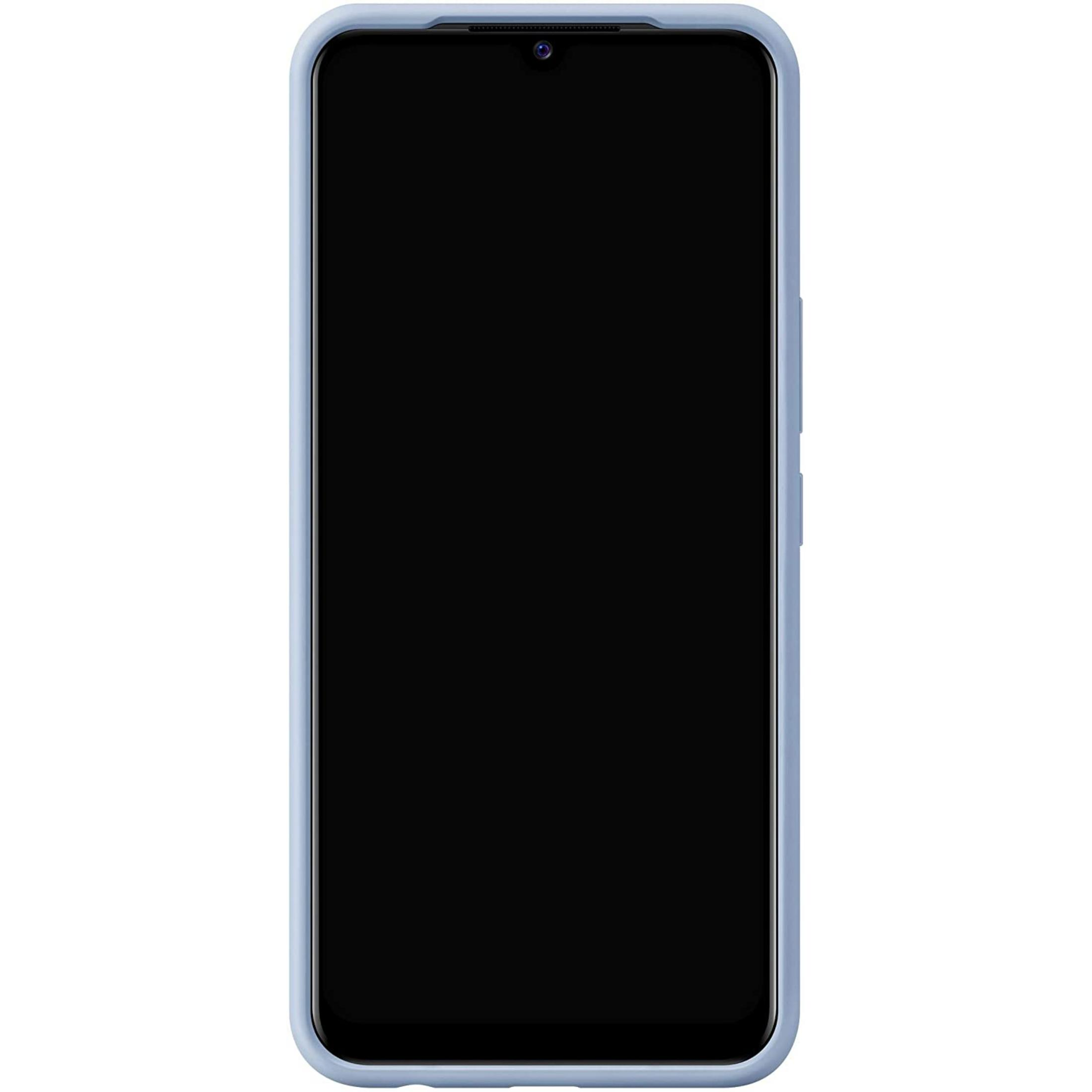 Uno smartphone azzurro con schermo nero e fotocamera frontale.