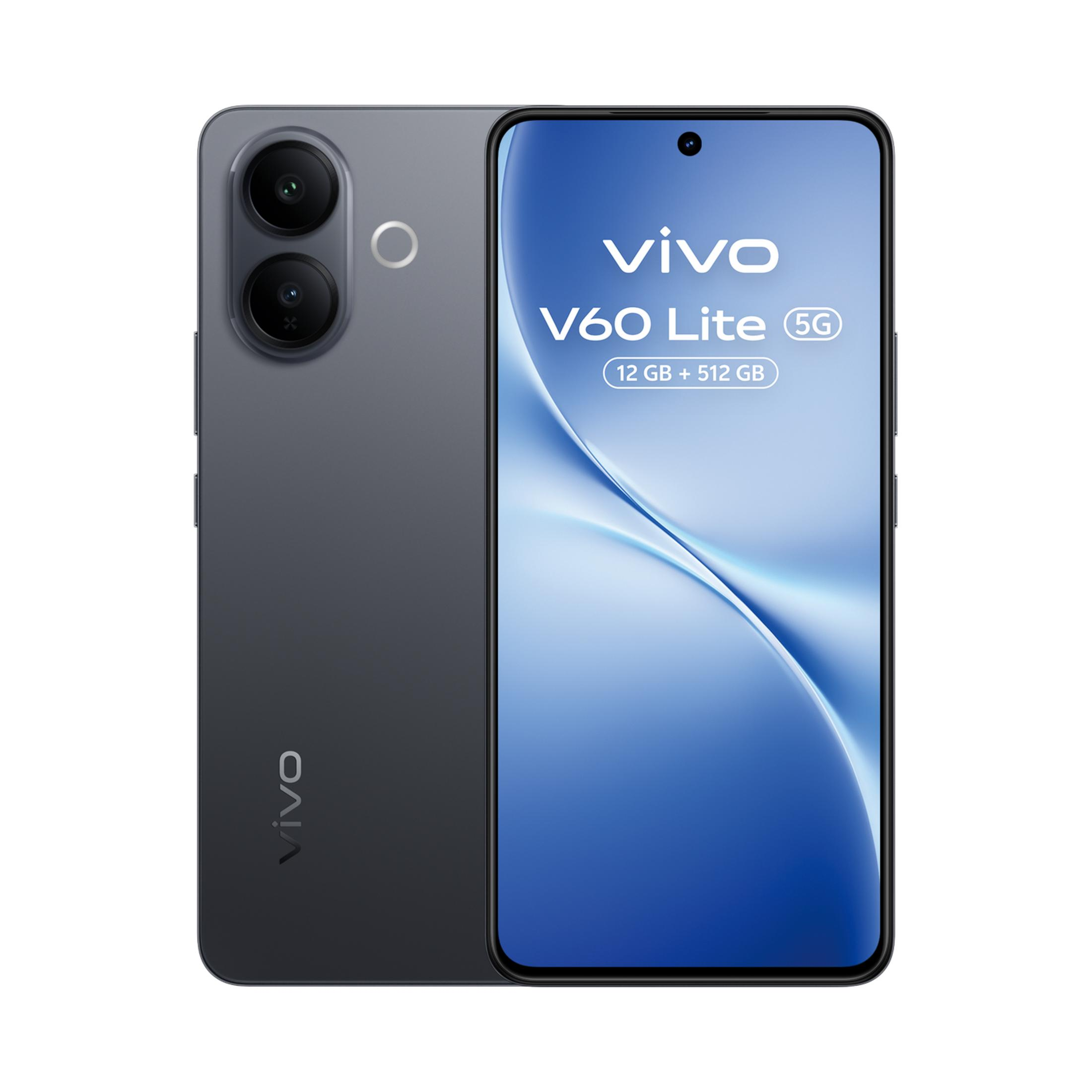 Graues Vivo V60 Lite Smartphone mit Doppelrückkamera und 5G-Logo.