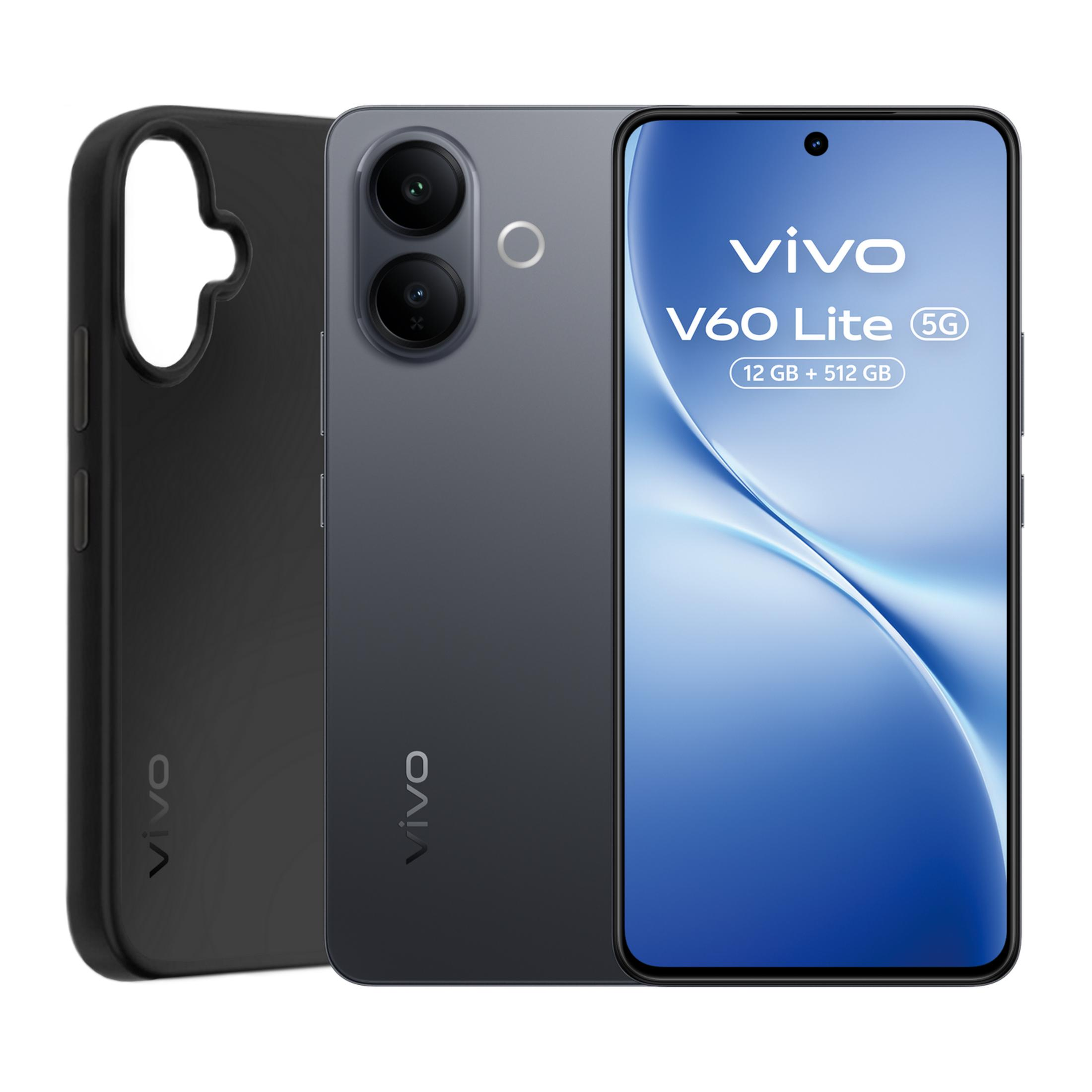 Ein graues Vivo V60 Lite 5G Smartphone mit schwarzer Hülle.