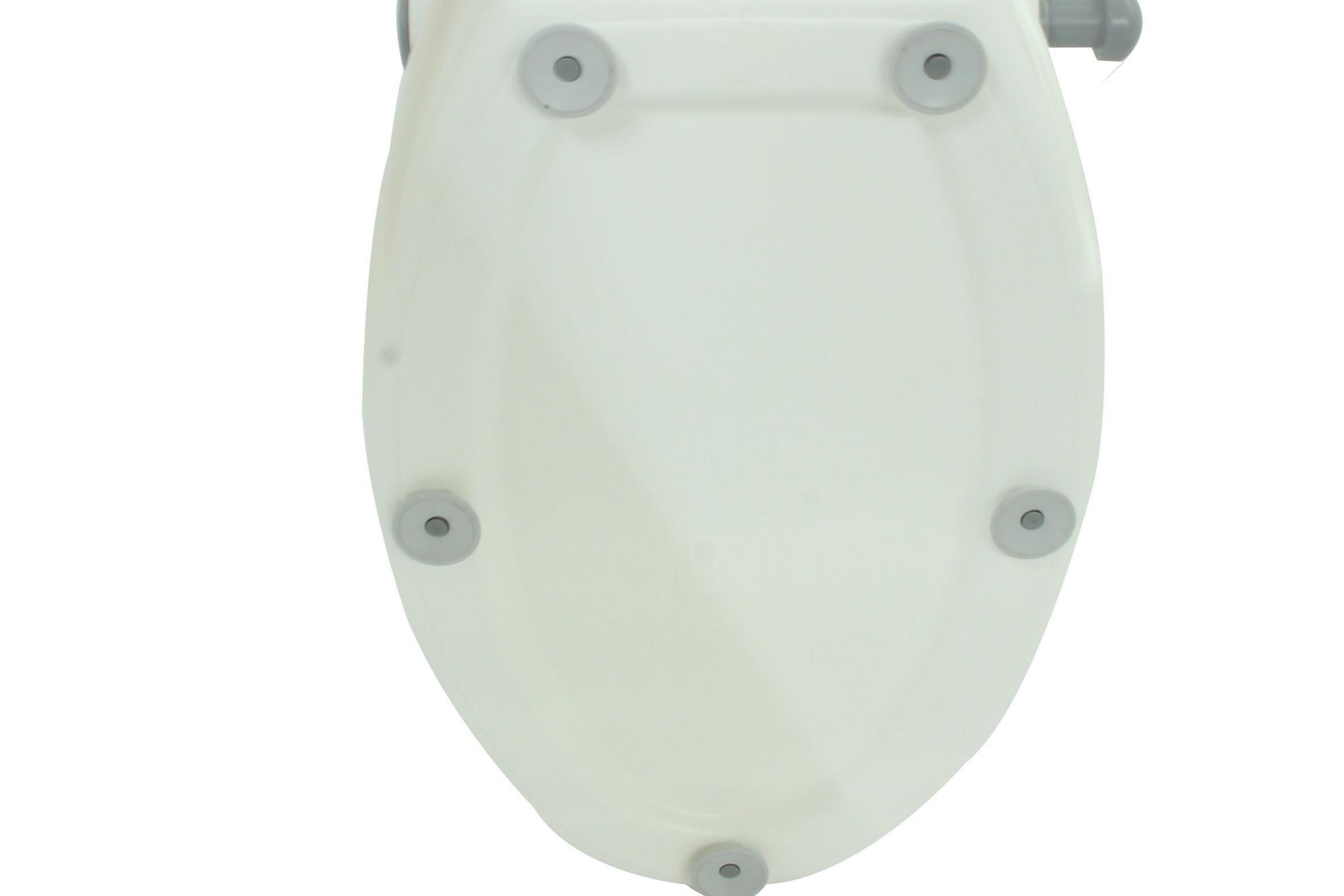 Weiße Toilettensitzunterseite mit grauen Gummifüßen.
