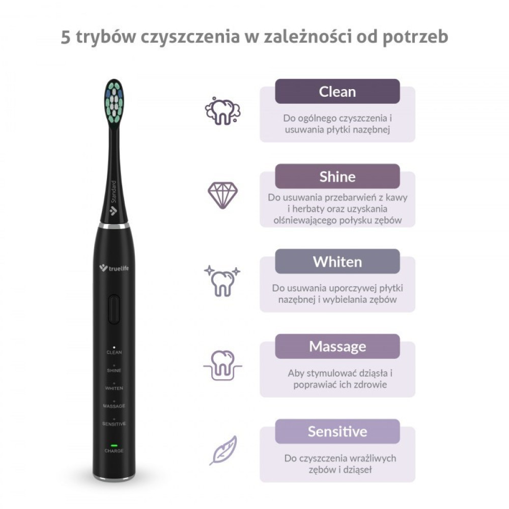 Czarna szczoteczka elektryczna z 5 trybami czyszczenia: Clean, Shine, Whiten, Massage, Sensitive.