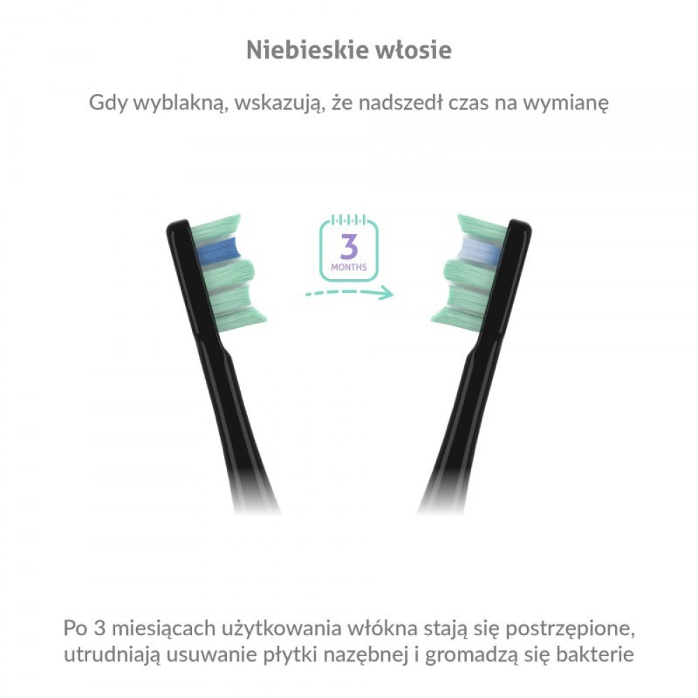 Dwie główki szczoteczki z niebieskim włosiem, które blaknie po 3 miesiącach.