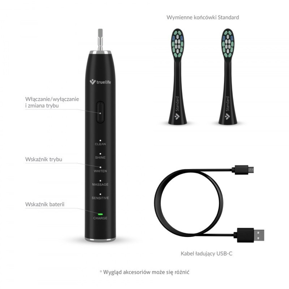 Czarna szczoteczka elektryczna z końcówkami i kablem USB-C. Tryby: Clean, Shine, Whiten, Massage.