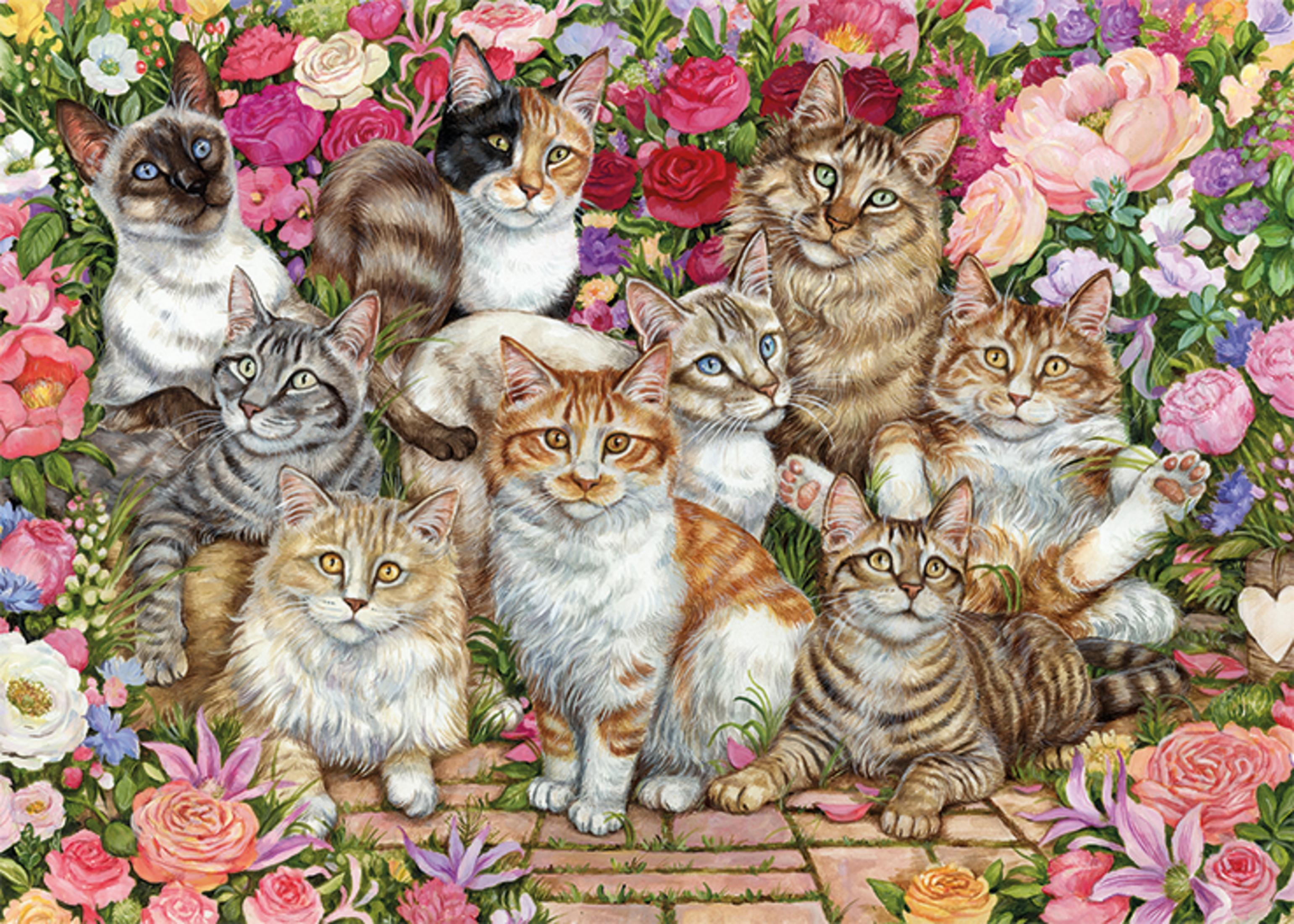 Een groep van negen katten van diverse rassen en kleuren zit te midden van een levendige reeks kleurrijke bloemen.
