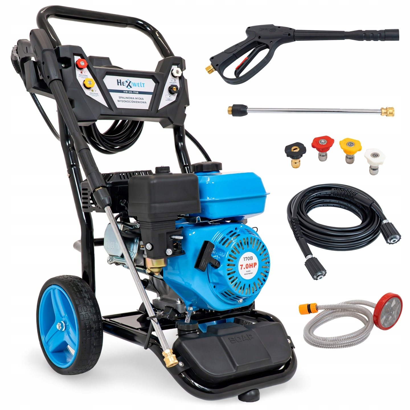 Benzin-Hochdruckreiniger mit blauem Motor, schwarzem Rahmen, Rädern und Zubehör.