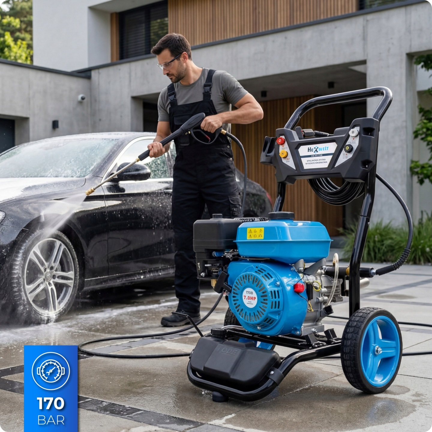 Mann wäscht Auto mit Hochdruckreiniger. Blaue Maschine, schwarzes Auto, modernes Haus.