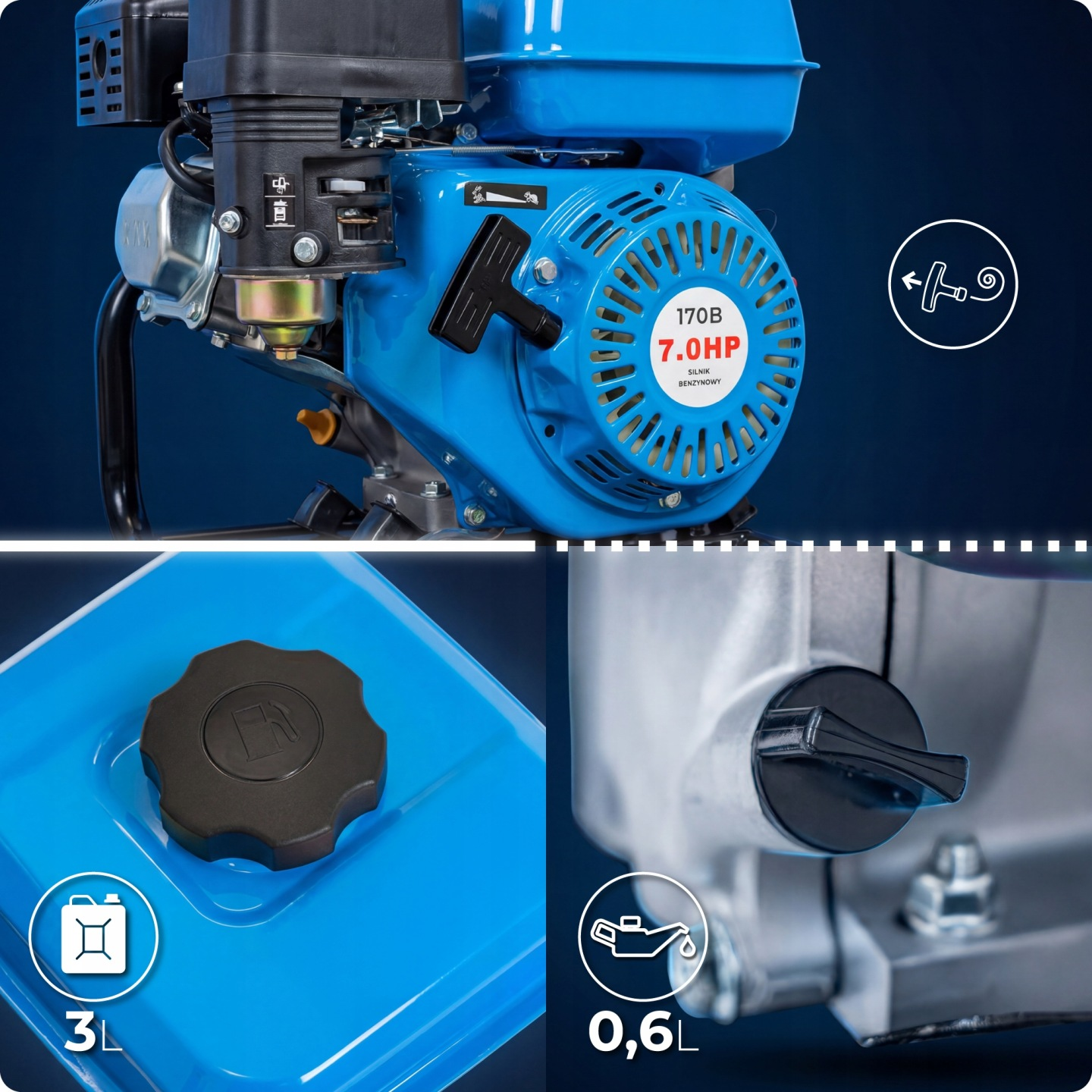 Ein blauer Verbrennungsmotor mit Details zu Kraftstoff und Ölkapazität.