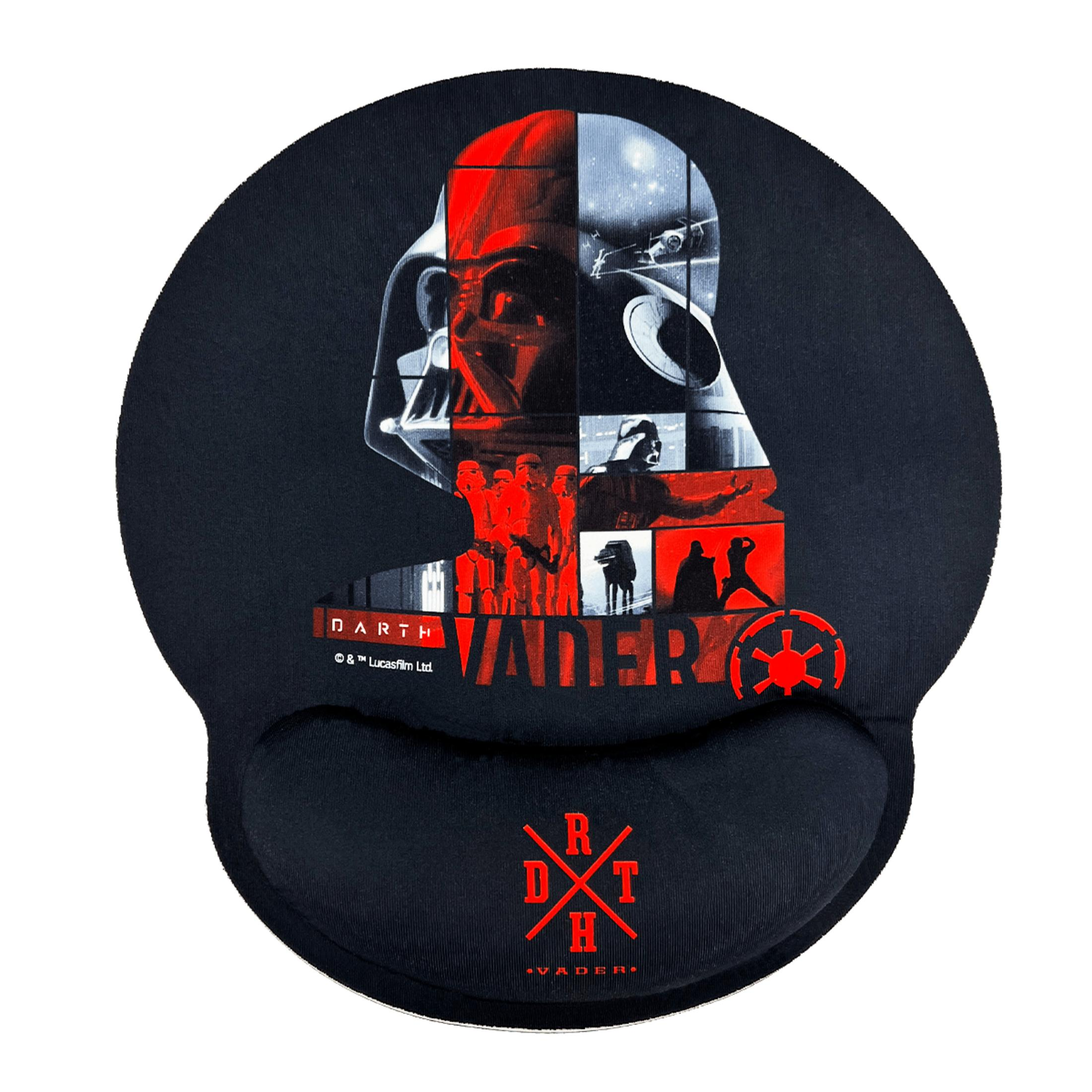 Tappetino mouse nero con grafica di Darth Vader, stampa rossa e grigia.