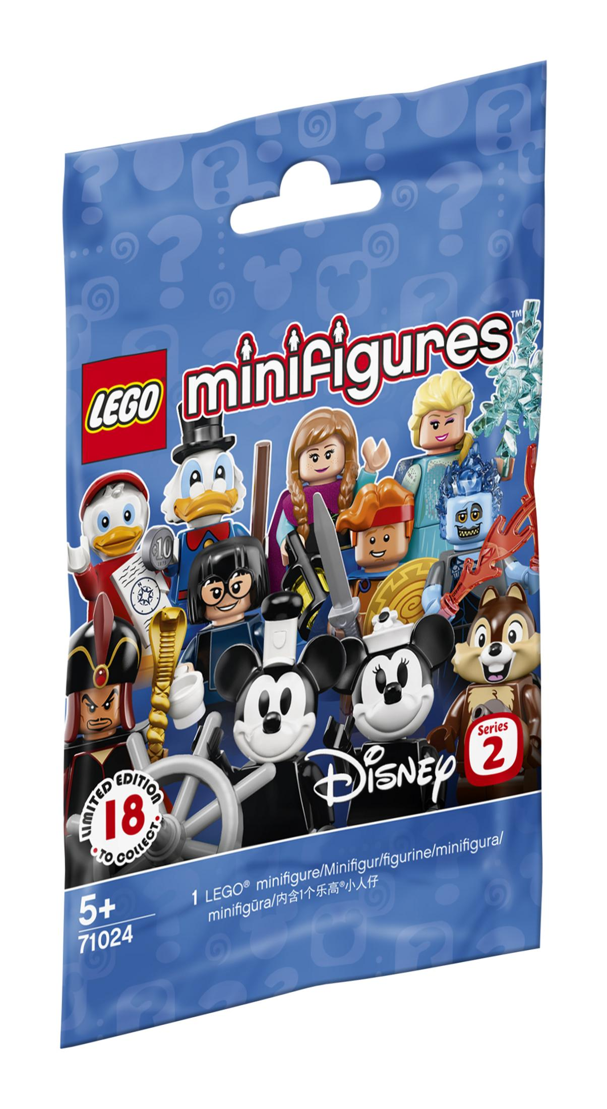 Busta LEGO Minifigure Disney Serie 2 con personaggi come Topolino, Minnie, Cip, Ciop.