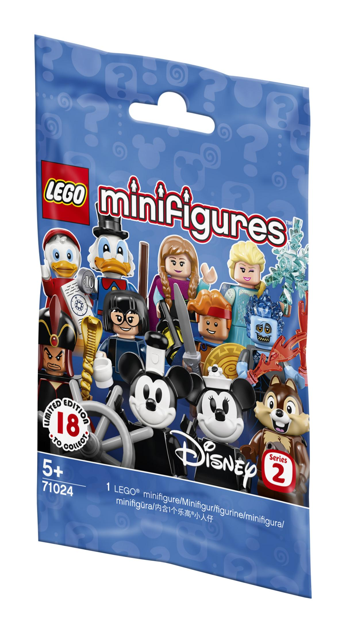 Una busta di minifigure LEGO con personaggi Disney come Topolino.