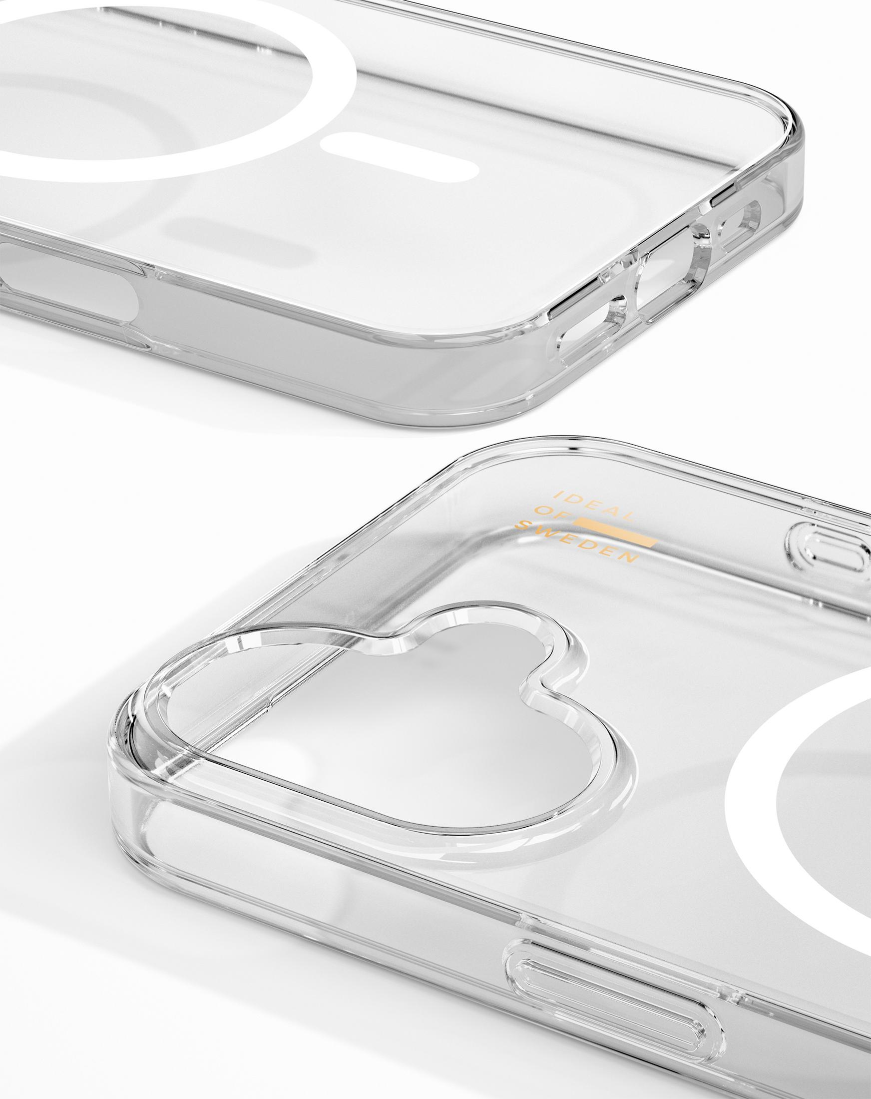 Zwei transparente Handyhüllen mit weißen Magnetringen, nahaufnahme.